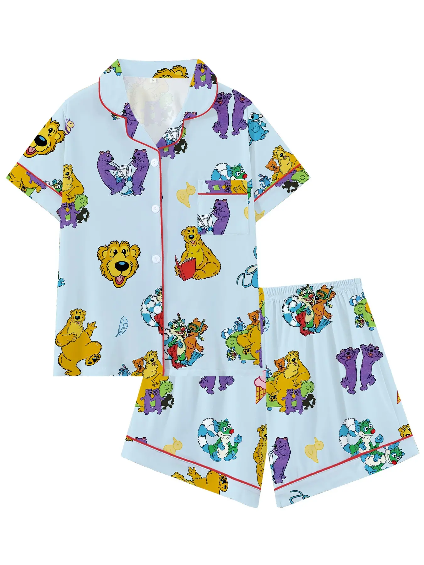 Vintage Cartoon Bear Pajama Set, Soft 2-Piece Short Sleeve Sleepwear, High-Quality Blue Pajamas for All Seasons, Perfect for Home & Parties