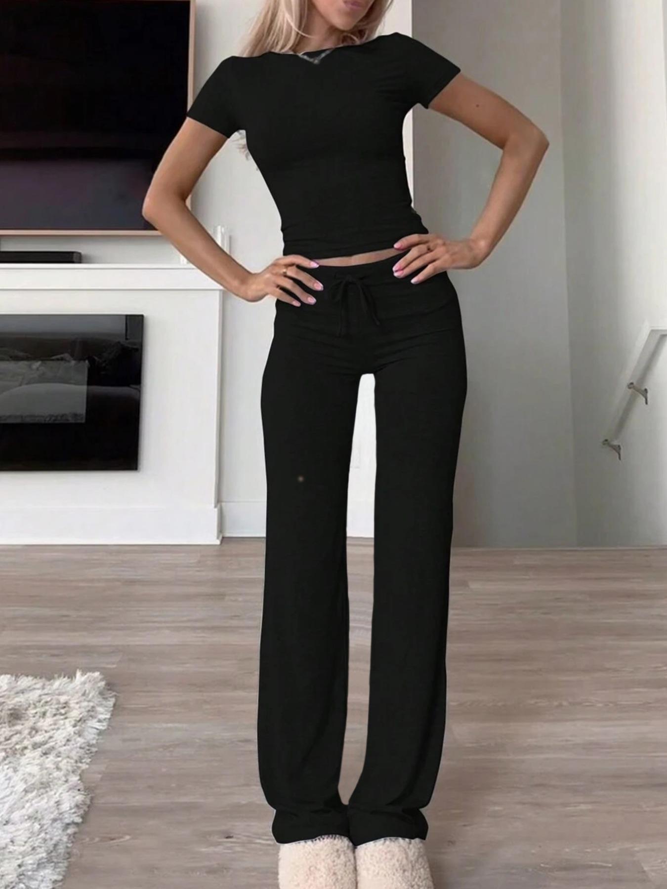 Women's Solid Modal Loungewear Two-Piece Pajama Set, Casual Comfy Soft Round Neck Short Sleeve Tee & Drawstring Pants Set, Ladies Sleepwear for Spring & Fall Women's Solid Modal Loungewear Two-Piece Pajama Set, Casual Comfy Soft Round Neck Short Sleeve Tee & Drawstring Pants Set, Ladies Sleepwear for Spring & Fall