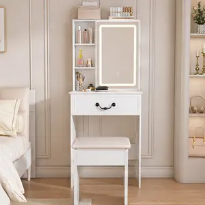 ARCH Modern White LED Vanity Table Dressing Table - MDF Furniture for Small Spaces, Adjustable Brightness, Hidden Storage, Padded Stool, Bedroom Makeup Desk, Compact Space-Saving, 14.17"W x 23.62"D x 53.94"H