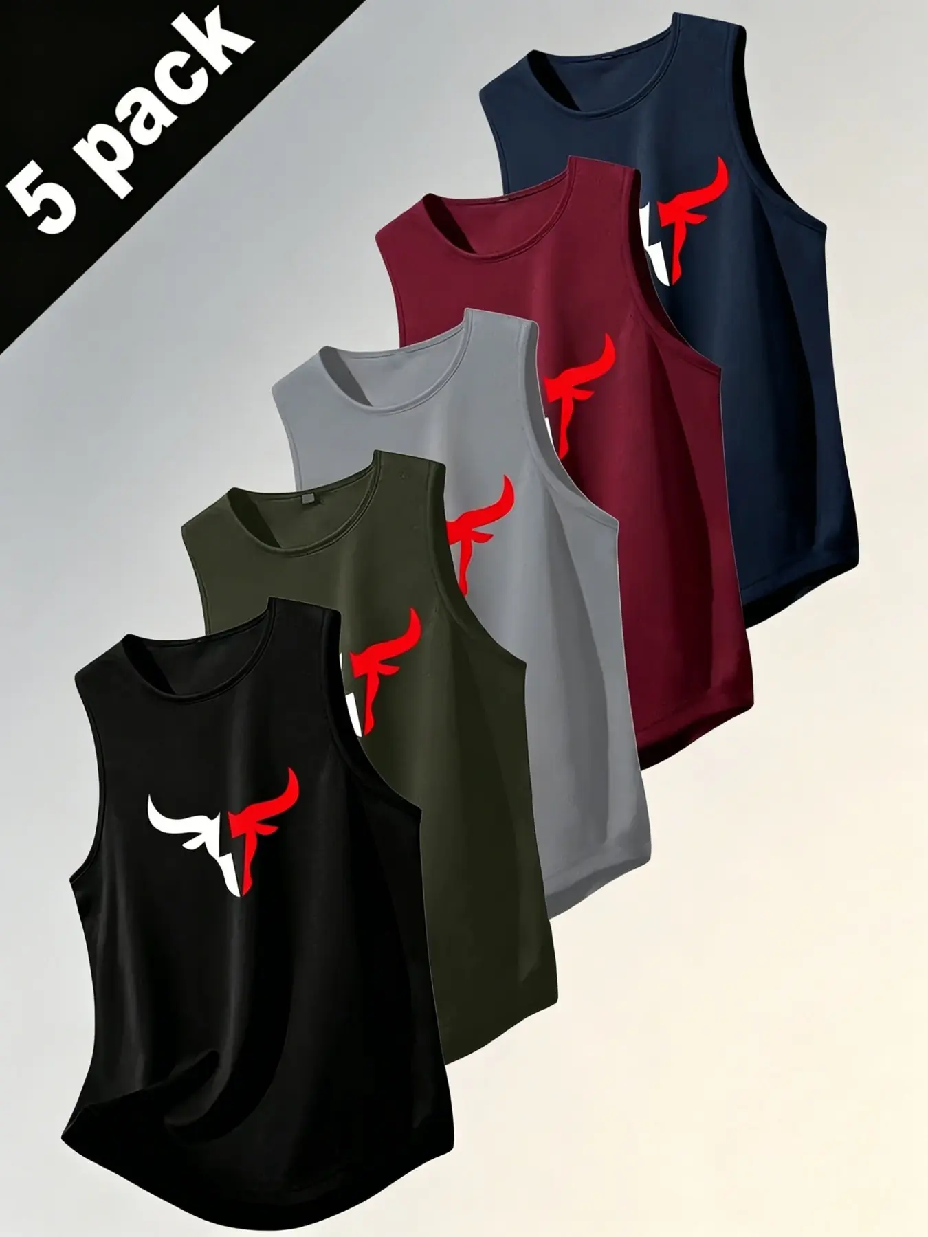 5 Pack Men's Sport Tank Tops, Workout Tank, Athletic Tank Top, Athleisure Tank, Breathable Quick-Dry Fabric, Sleeveless Shirt, Bull Print, Gym & Casual Wear, Inner Layer, Workout Sleeveless Activewear