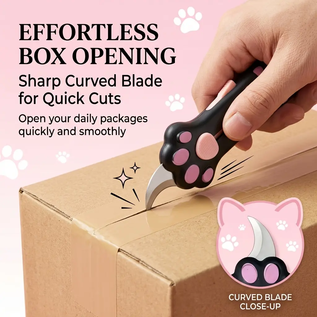 1 Multifunctional Pocket Knife, Cute Cat Paw Retractable Curved Blade Anti Slip Handle Mini Portable Unboxing Device with Hanging Rope Hole, Suitable for Daily Home Express Packages, Suitable for Student Office Staff, Cute Gift Enthusiasts