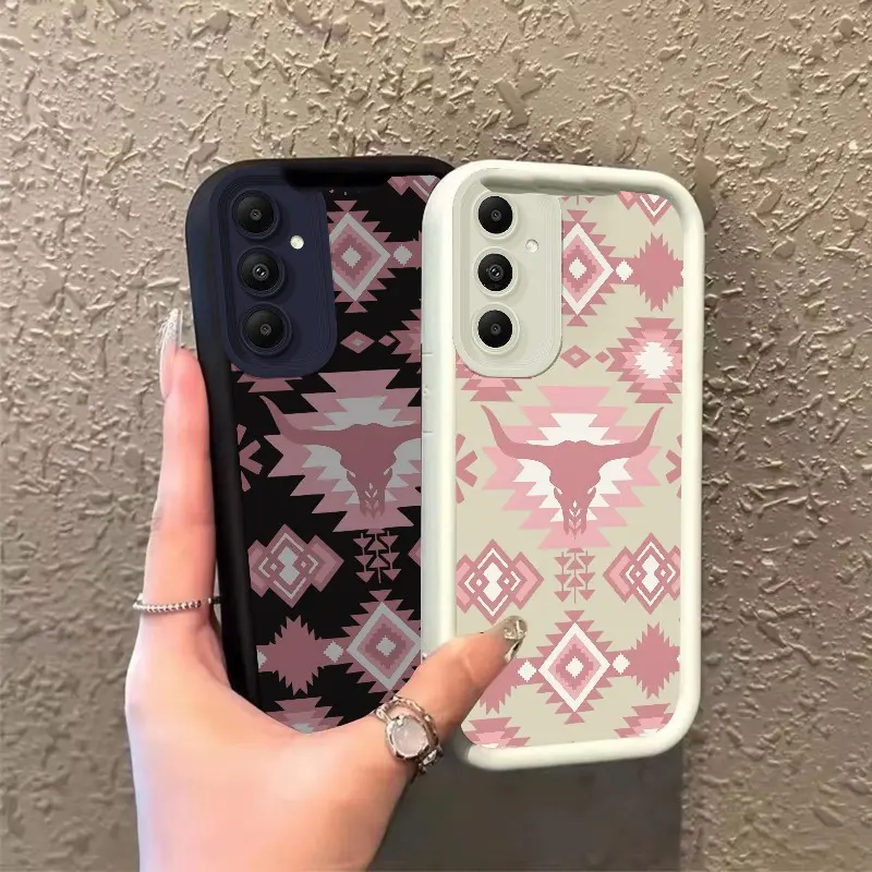 Phone case for Samsung GALAXY S24 S24FE S24PLUS S25 S25PLUS S26 S26PLUS Pink Aztec Pattern & Bull Skull Motif Celestial Eye Layered Phone Case Drop-Resistant Protection Enhanced Peotection Gift Shockproof ROOJTNRZV