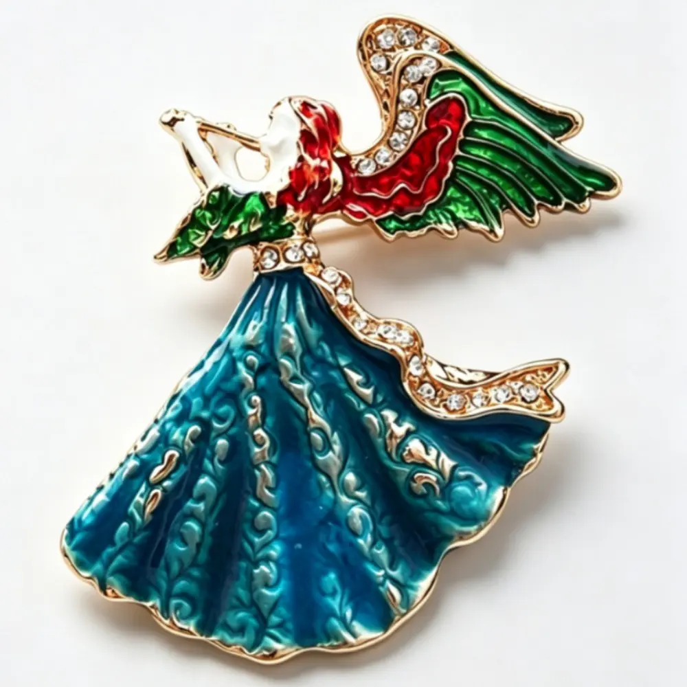 Multicolor Enamel Angel Playing Flute Clear Rhinestone Gold Brooch Unisex Fairy Lapel Pin Gift