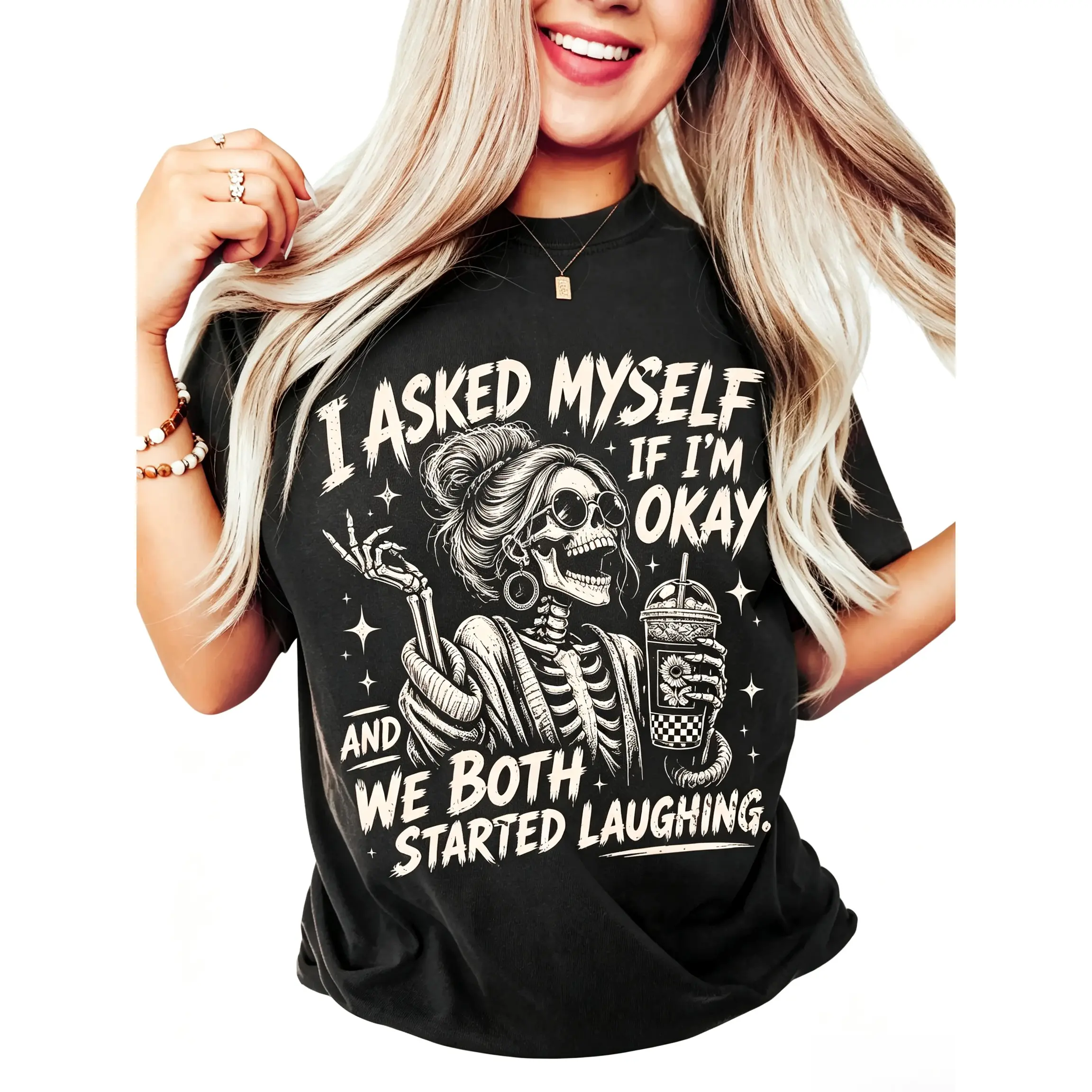 Casual Fabric Dark Humor Skeleton Sports Top, I Asked Myself If I'm Okay Tee, Sarcastic Apparel with Graphic Art