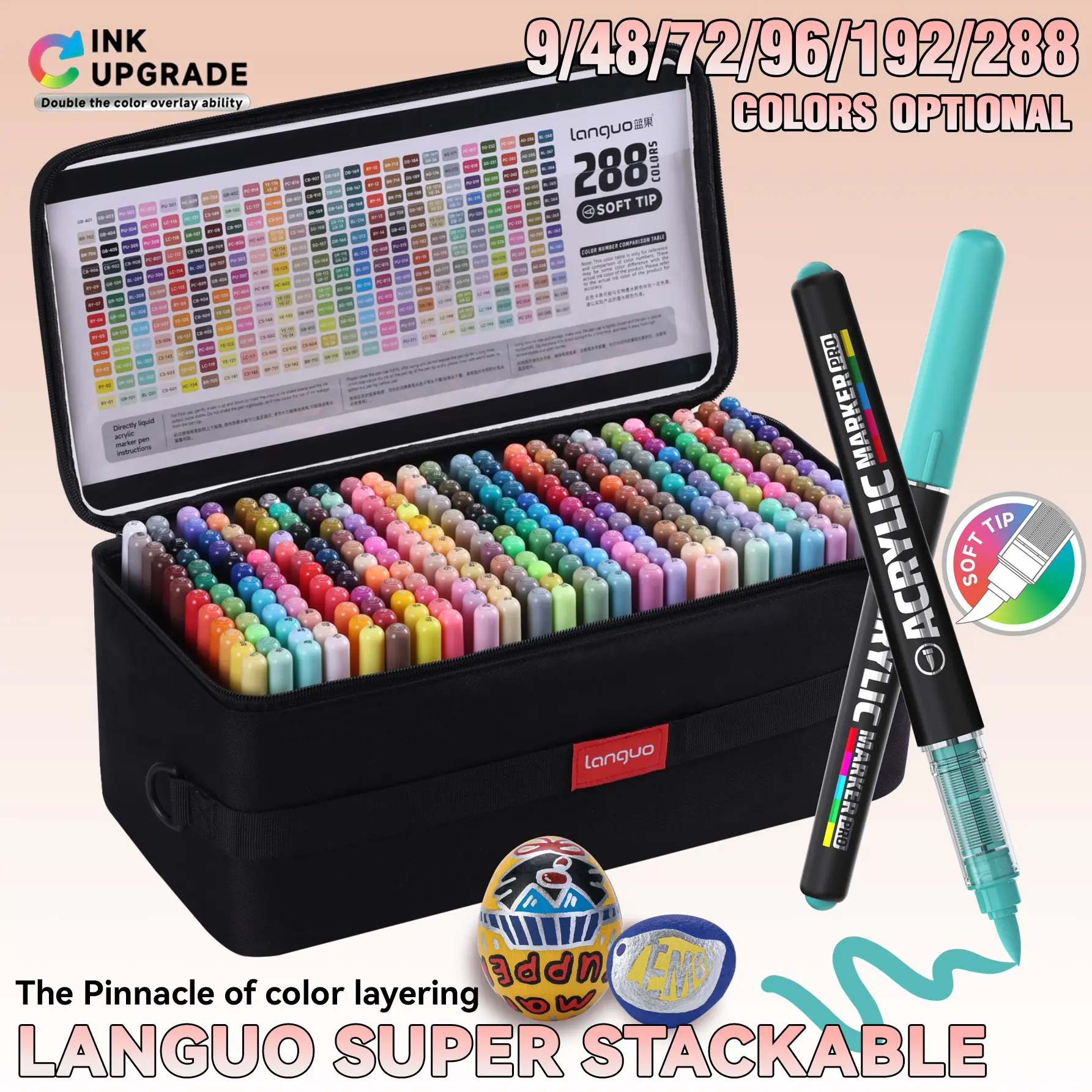 Languo Acrylic Marker Set, 9/48/72/96/192/288 Colors, Enhanced Ink Coverage, Non-Blotting, Multi-Material Use, Fabric Storage Bag Included
