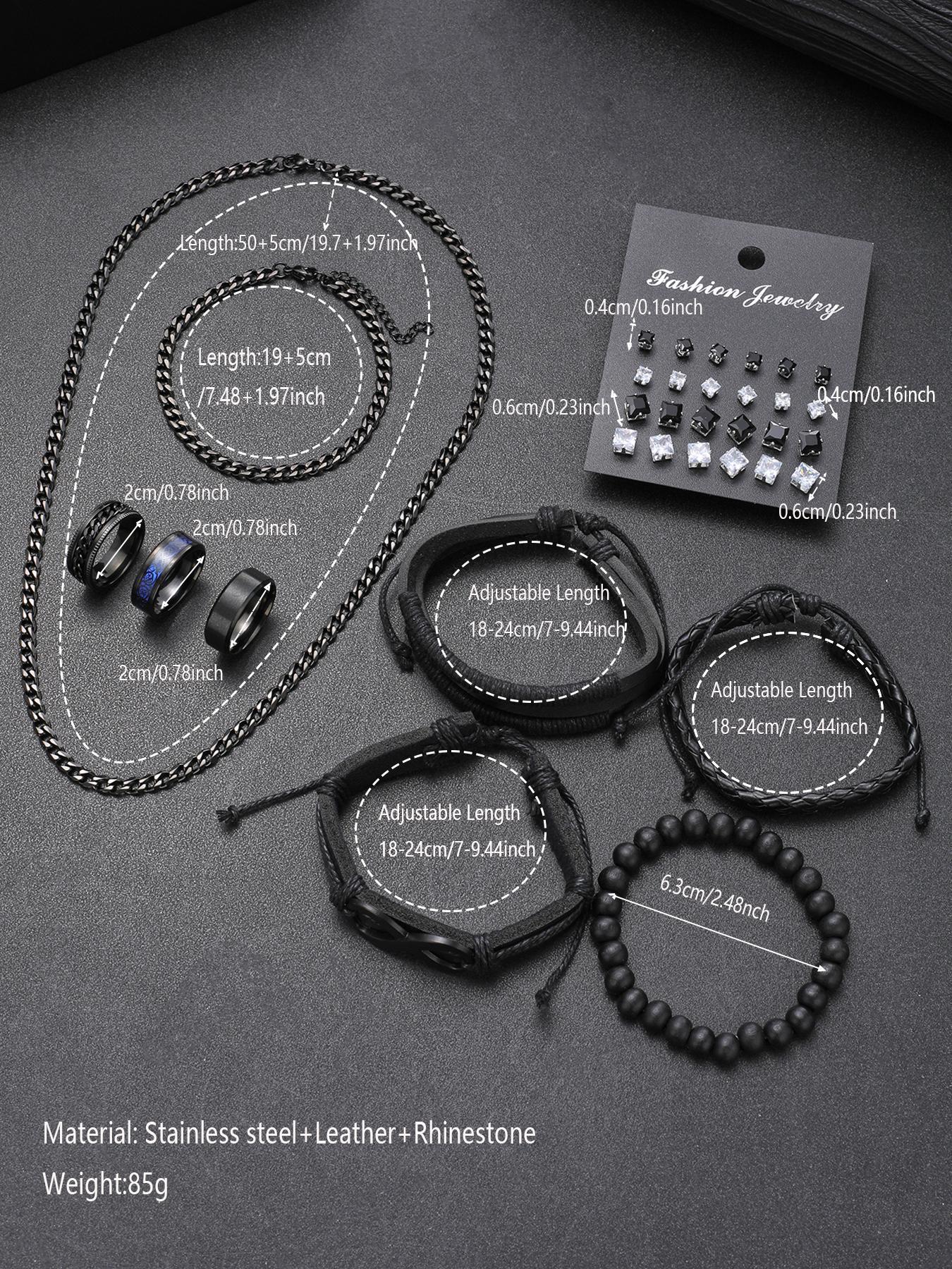 Men's Fashion Jewelry Set, 33 Counts Casual Rhinestone Decor Beaded & Drawstring Design Necklace & Bracelet & Stud Earrings & Rings for Men, Fashion Jewelry for Party, Daily Clothing Decor, Trendy All-match & Exquisite Jewelry for Birthday Gift