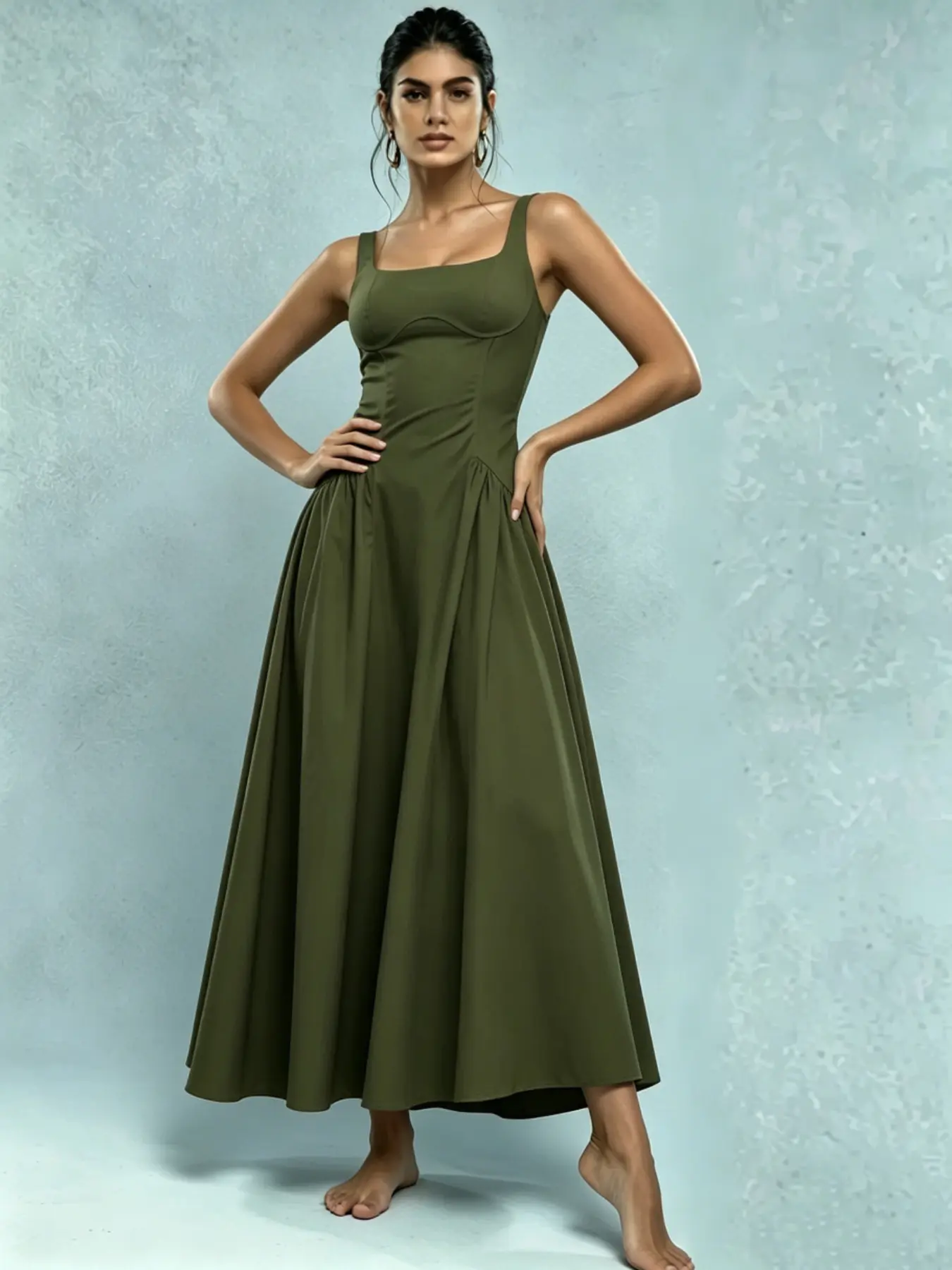 Elegant Olive Halter Dress for Women, Summer Square Neck Waist Cinch A-Line Long Dress, Chic Slimming Vacation Tea Break Dress, Elegance