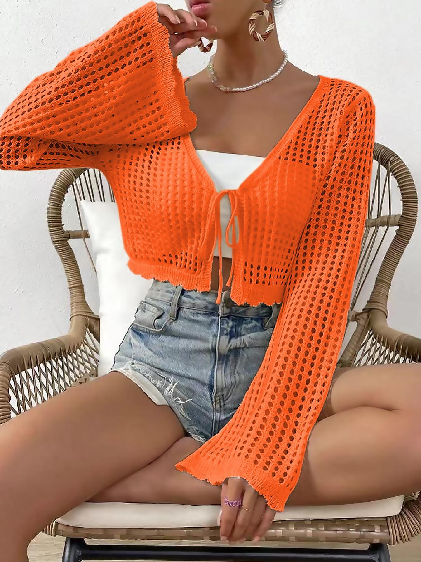 Women's Plain Hollow Out Tie Front Crop Cardigan, Casual Flounce Sleeve V Neck Cover Up Knitwear for Spring & Fall, Summer Outfits 2024, Women's Knit Clothing for Daily Wear