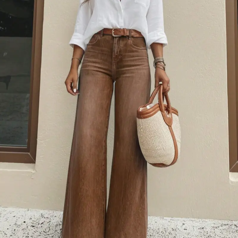 Women's High-Waist Wide Leg Jeans, Chic Vintage Light Wash Blue Denim, Stretch Fabric, Butt-Lifting & Slimming, Loose Floor-Length, Casual Daily Wear, Pants