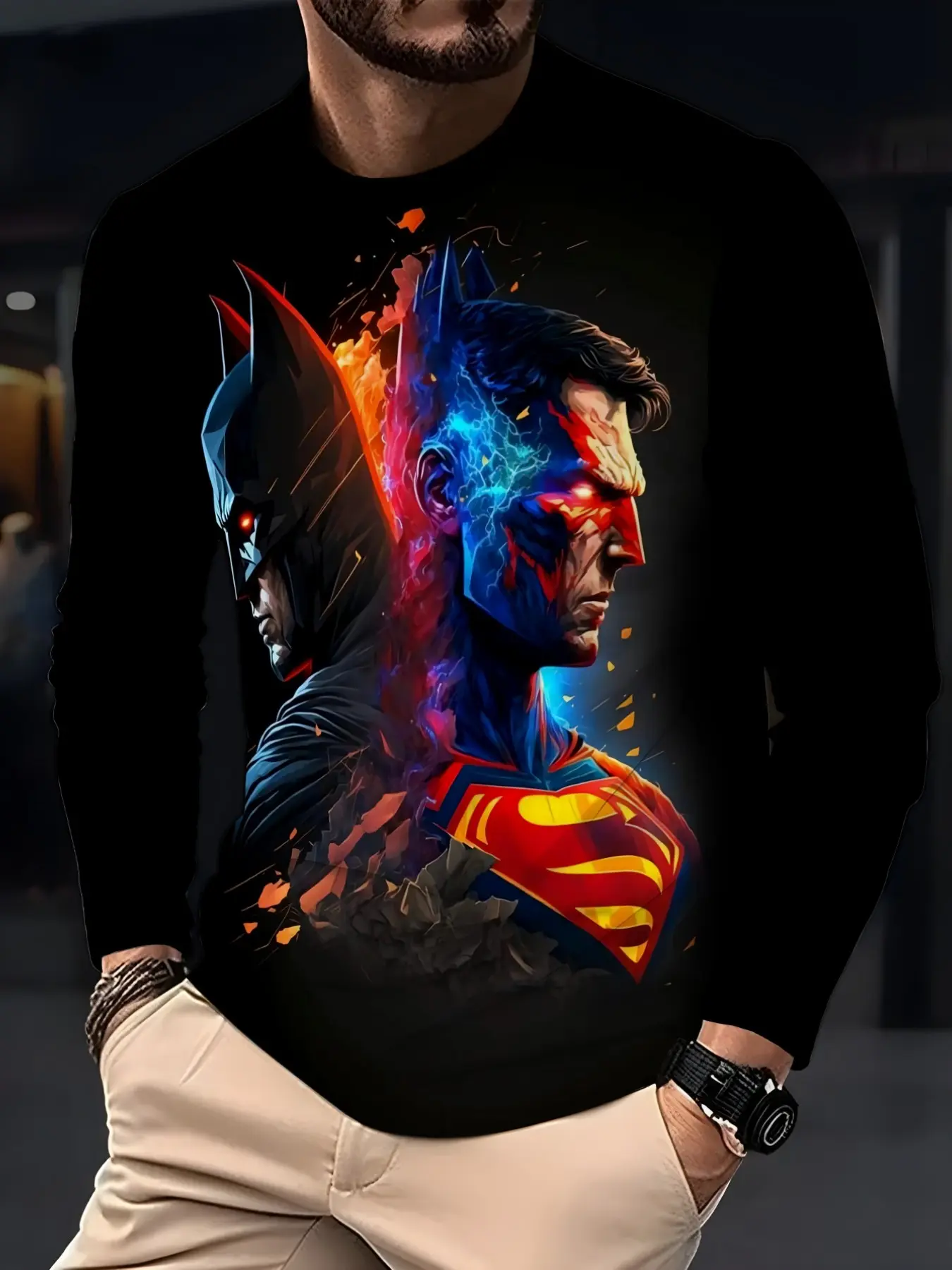 Warner Bros Batman Superman Half-Head Long Sleeve T-Shirt, Electric Effect Superhero Print, Casual Street Style, All Seasons