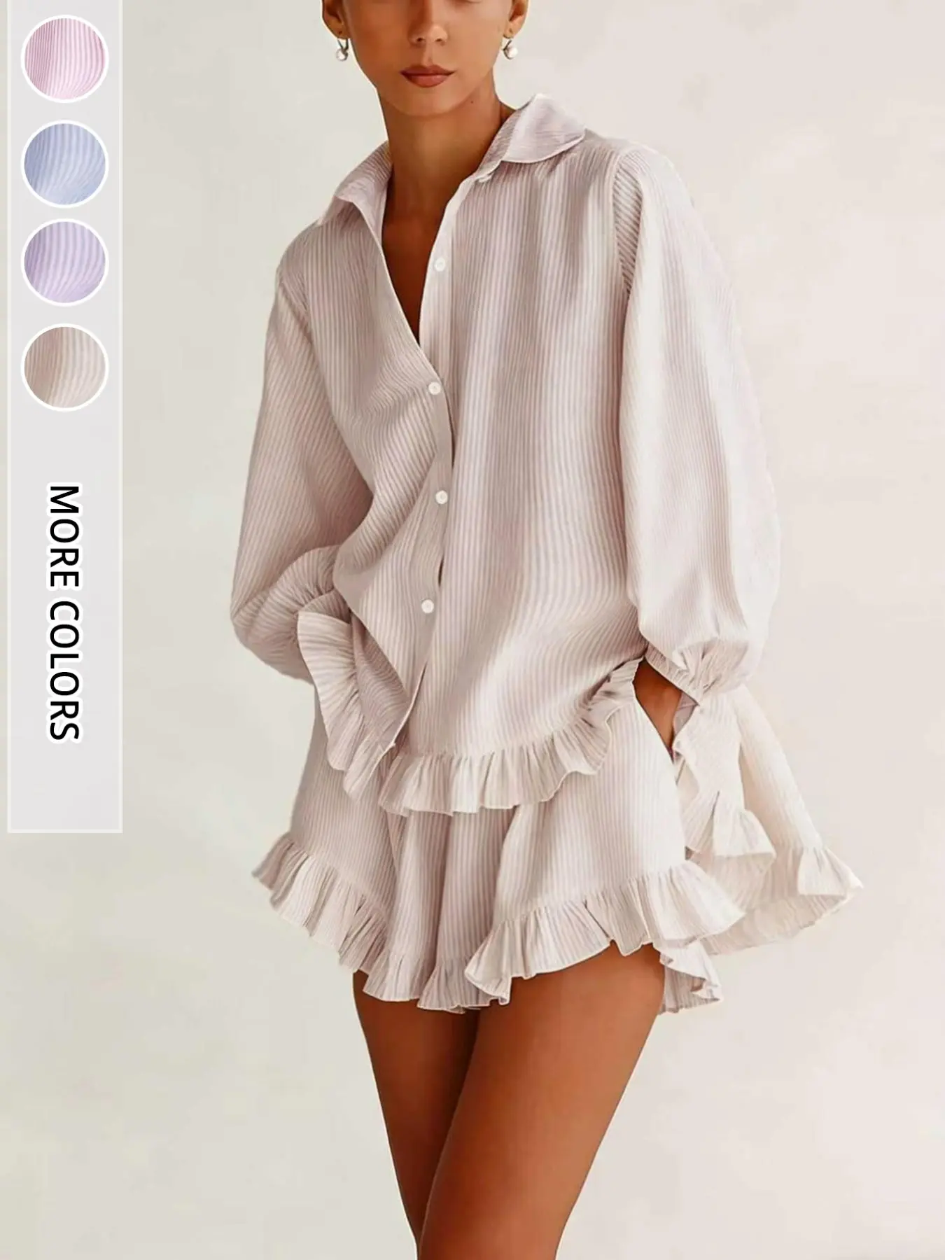 Spring Summer Striped Ruffle Two-Piece Set, Women's Collared Bubble Sleeve Loose Shirt, High Waist Ruffled Shorts, Casual, Long Sleeve