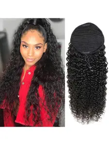 Black Curly Long Ponytail Extension Drawstring Ponytails for Black Women Extensions Curly Ponytail with 2 Clips(1B 20 Inch)