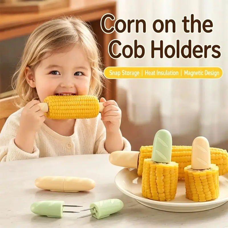 2-in-1 Corn Cob Holders Stainless Steel, Heat Resistant Corn on the Cob Forks with Snap-Lock Storage & Magnetic Fridge Sticker Design, Bread Shaped Non-Slip Corn Skewers for BBQ Grilling Kitchen Family Dinner Kids