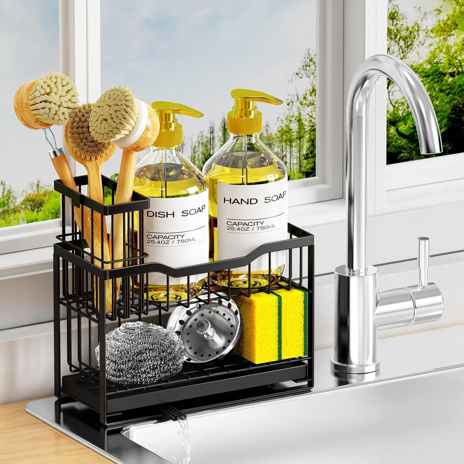 2-Tier Rustproof Kitchen Sink  with Self-Draining Tray, Dish Brush & Sponge Holder, Non-Slip Base - Black