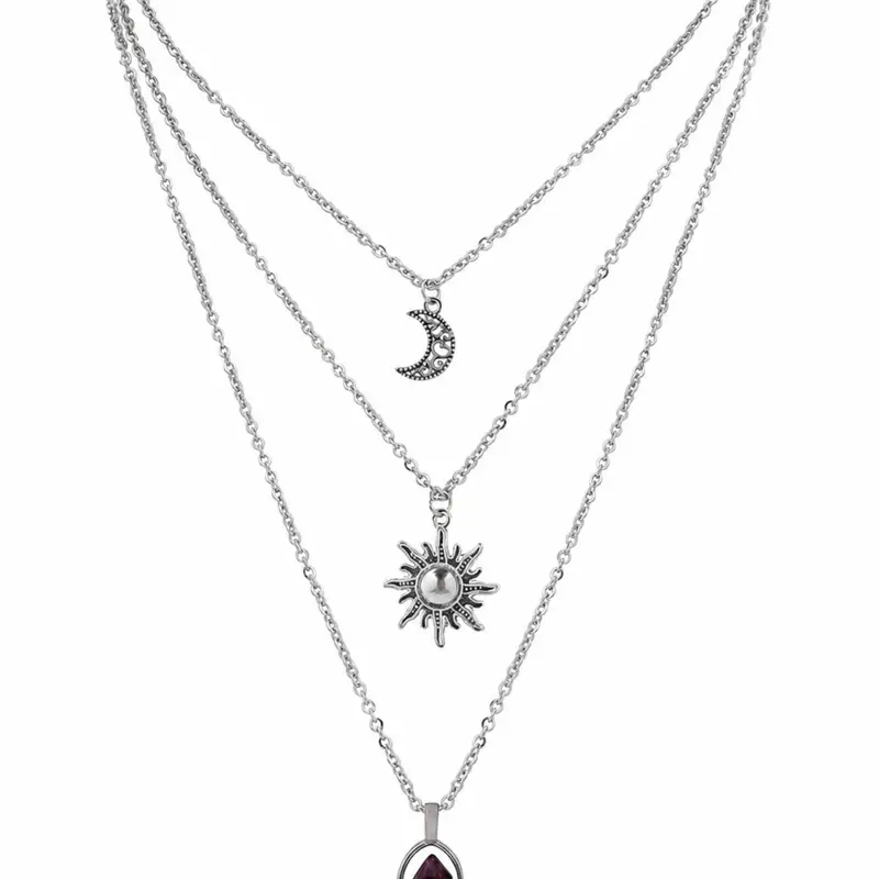 Gothic Layered Crystal Sun and Moon Necklace, Moon and Sun Pendant, Gothic Goth Emo Grunge Necklace, Goth Jewelry, Halloween Christmas Jewelry Gift For Women, Chain Necklaces #Fashionweek#Fallfreshness
