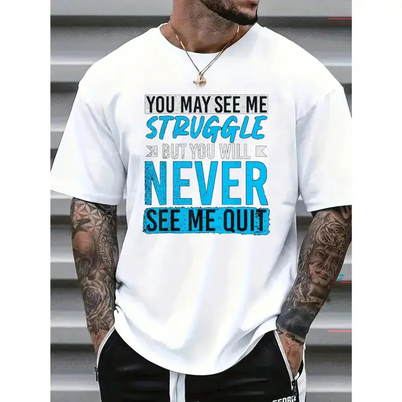 Men's T-Shirts with 'Never Give Up' Slogan 100% Cotton Round Neckline Casual Summer Fashion Gift for Daily Wear