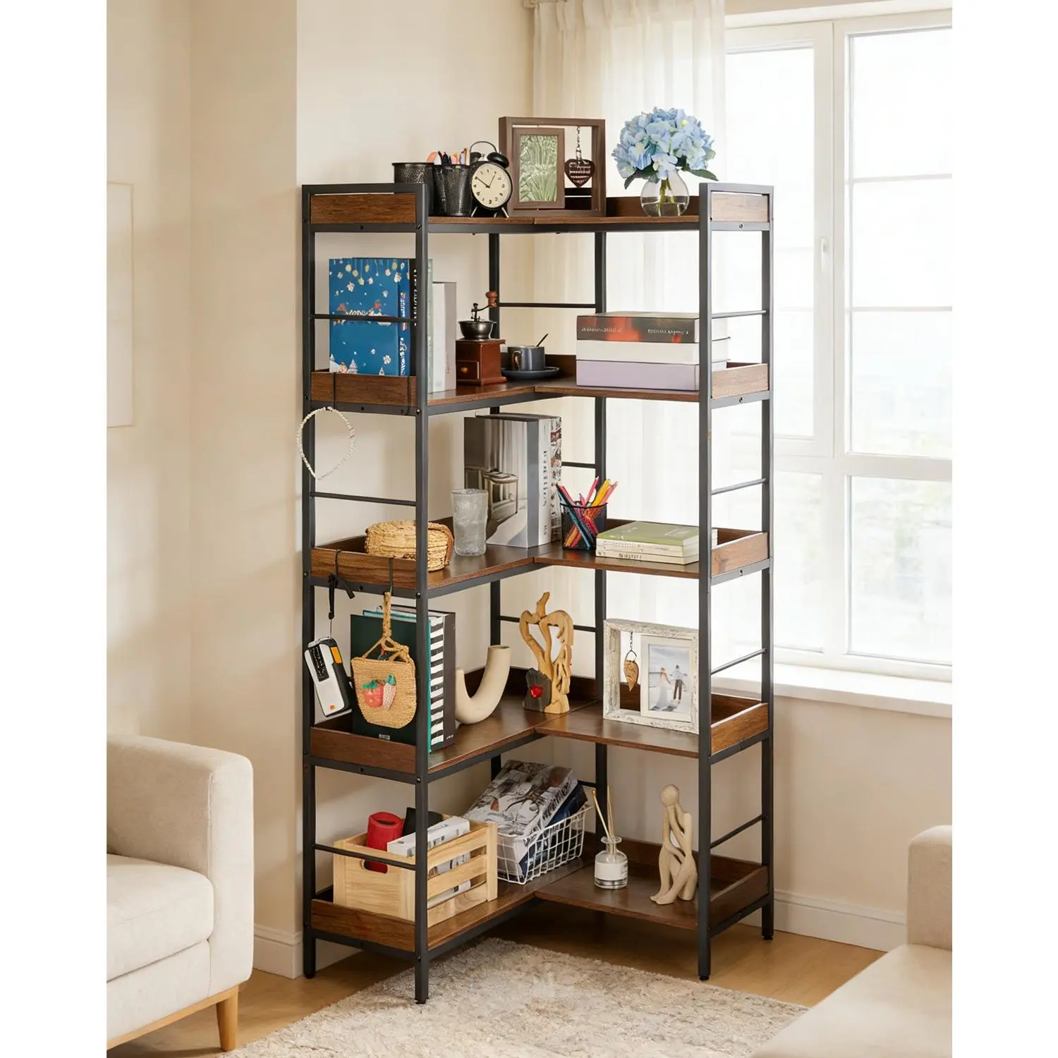 Reversible L-Shaped 5-Tier Industrial Corner Bookshelf, Open Storage Bookcase with Rustic Wood Panels & Heavy-Duty Metal Frame, Equipped with 4 Extra Hanging Hooks, Multipurpose Corner Display Shelving Unit for Home Office, Living Room and Bedroom