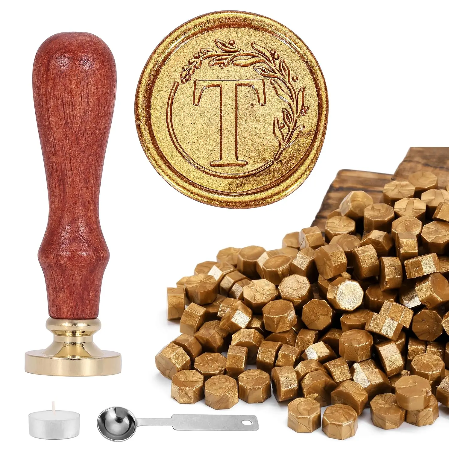 Initial Alphabet with Wreath Wax Seal Satmp Kit, Letter T | with 120 Antique  Sealing Wax Beads for Wedding Invitation, Christmas, Envelope,  Mail