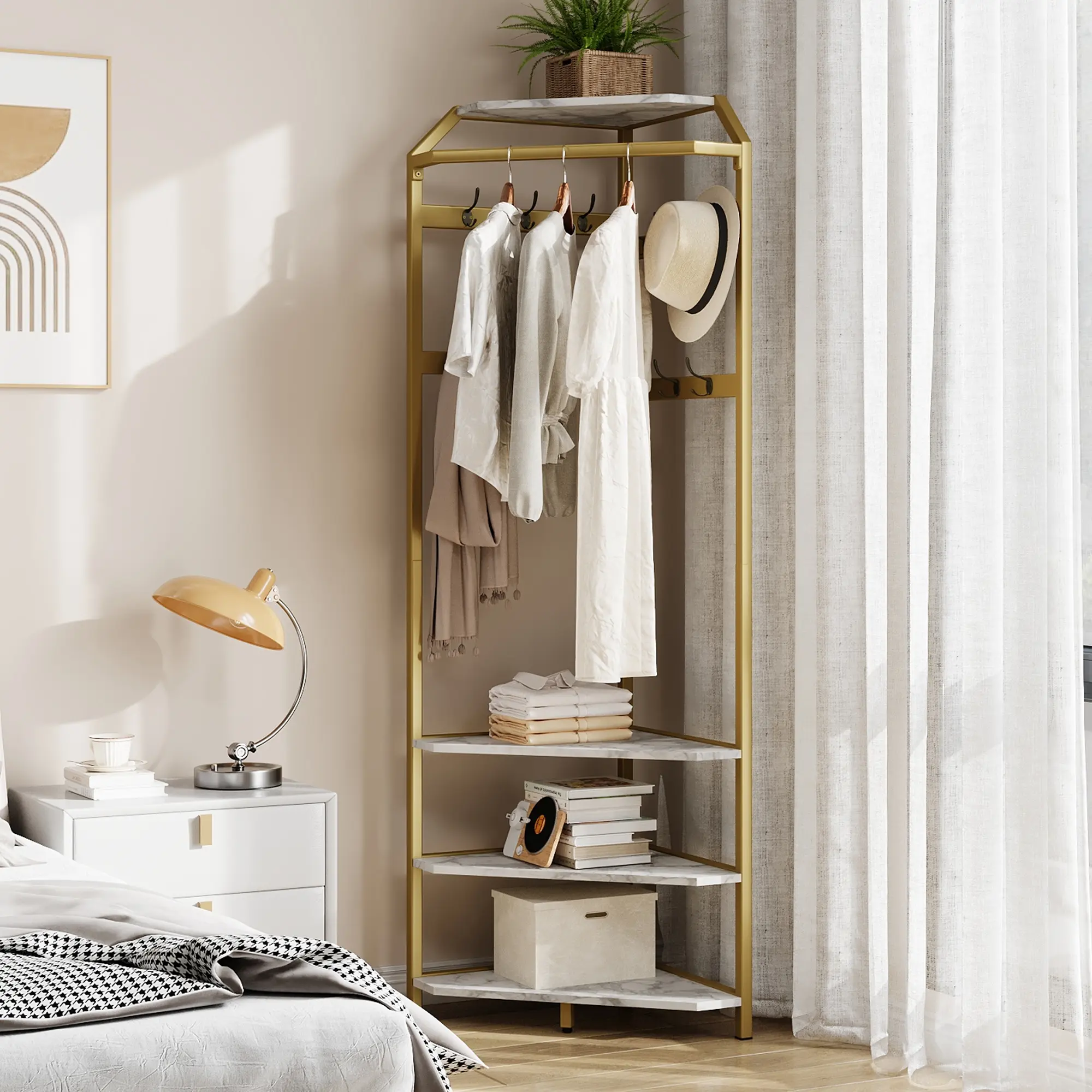 Corner Coat Rack with Shoe Bench, Entryway Hall Tree with 6 Double Hooks, Shoe Storage Organizer Shelf, Freestanding Corner Clothes Rack for Hallway Entryway Bedroom