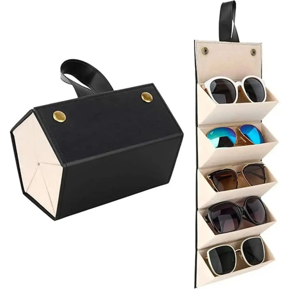 Portable Sunglasses Organizer, Foldable Leather 5-Slot Travel Case with Hanging Eyewear Display for Protection, Eyeglasses Holder, Hanging Display, Eyeglass Holder