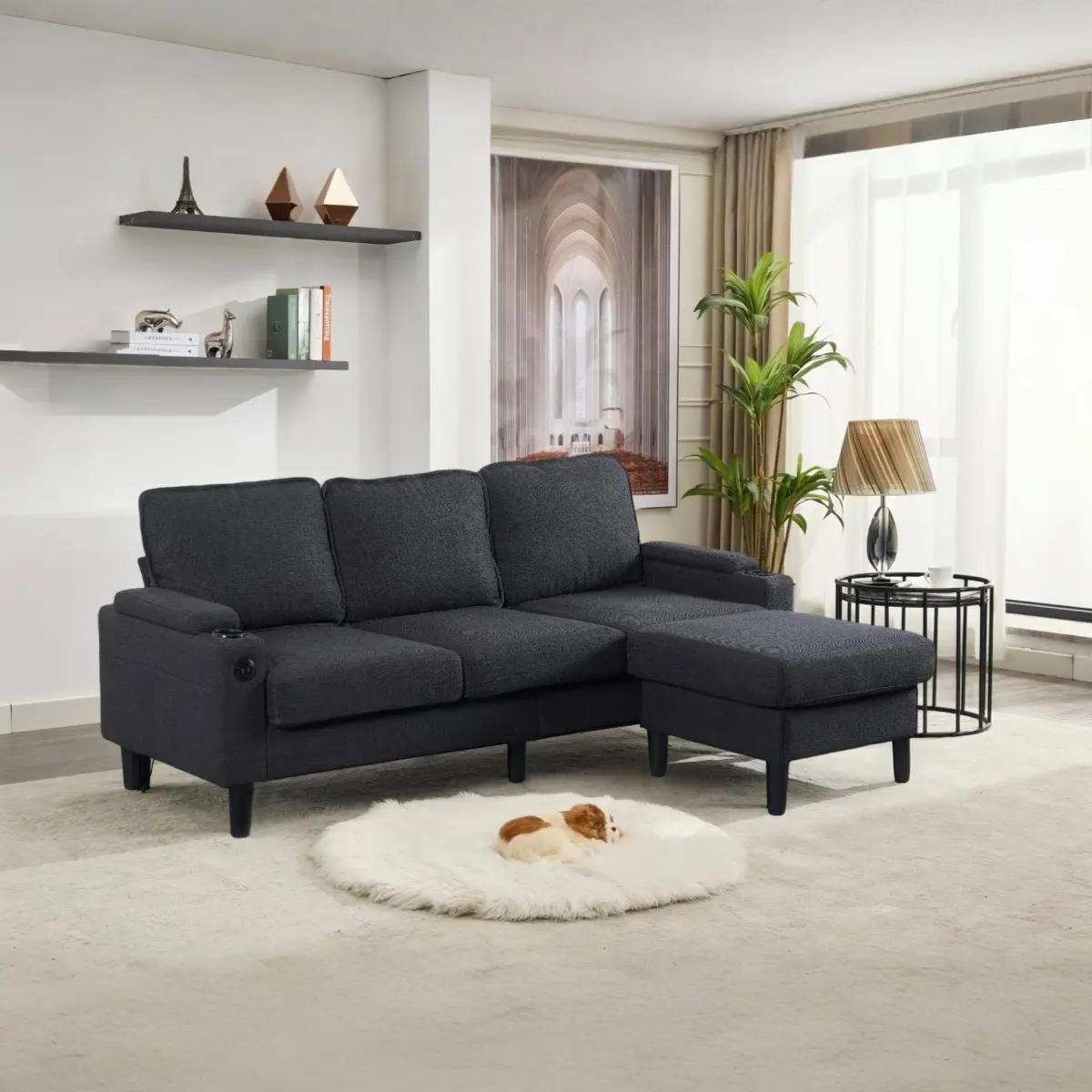 dark grey color knock down 3-seat combo sofa with storage ottoman for living room apartment bedroom and compact room, Upholstered sectional Couch, L Shaped Bench with a footrest, a individual storage
