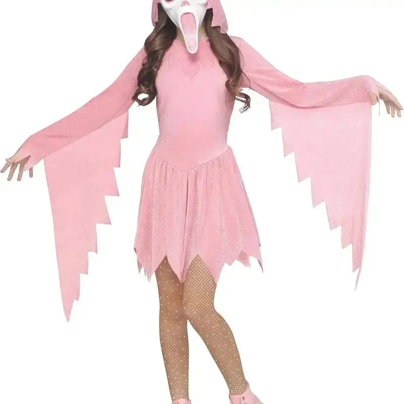 Spooky Long Irregular Witch-Devil Party Costume - Glittery Shimmering Dress with Face Costume for Halloween Role-Playing Pink Ghost Events