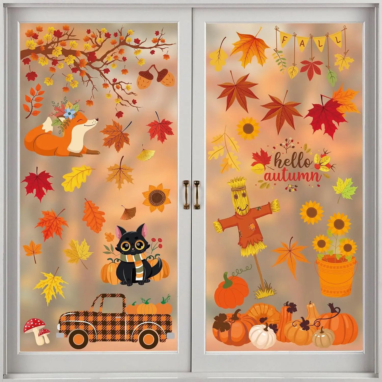 Fall Decorations for  -  Static Window Clings for Glass - Autumn Leaves Flower Pumpkin Window Stickers for Outdoor Outside Office | Fall Decor for Thanksgiving Friendsgiving Party Supplies
