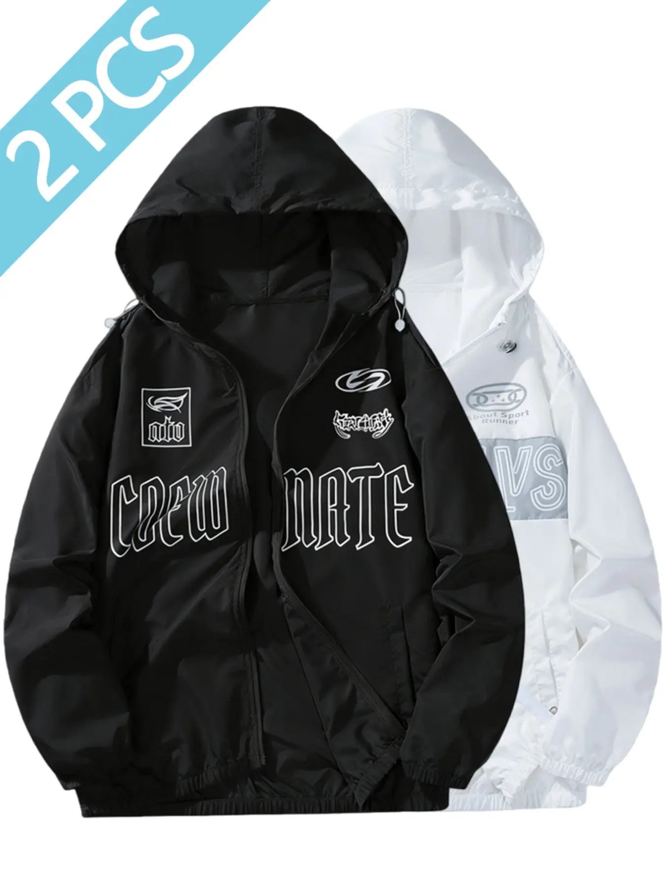 2pcs Men's Lightweight Hooded Jacket, Vintage Letter Print, Casual Fashion Jacket, Thin Windbreaker, Casual Loose Fit, Unisex All-Season Outerwear