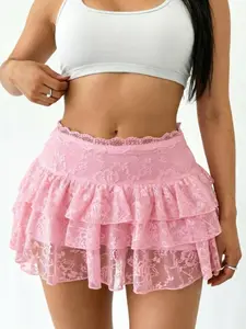 Women's Y2K Hot Girl Black Lace Tiered Mini Skirt, High-Waist Multi-Layer Ruffle Skirt with Attached Safety Shorts, Coquette Style, Fashion, Summer, Suitable for Nightclub Party & Festival Outfits