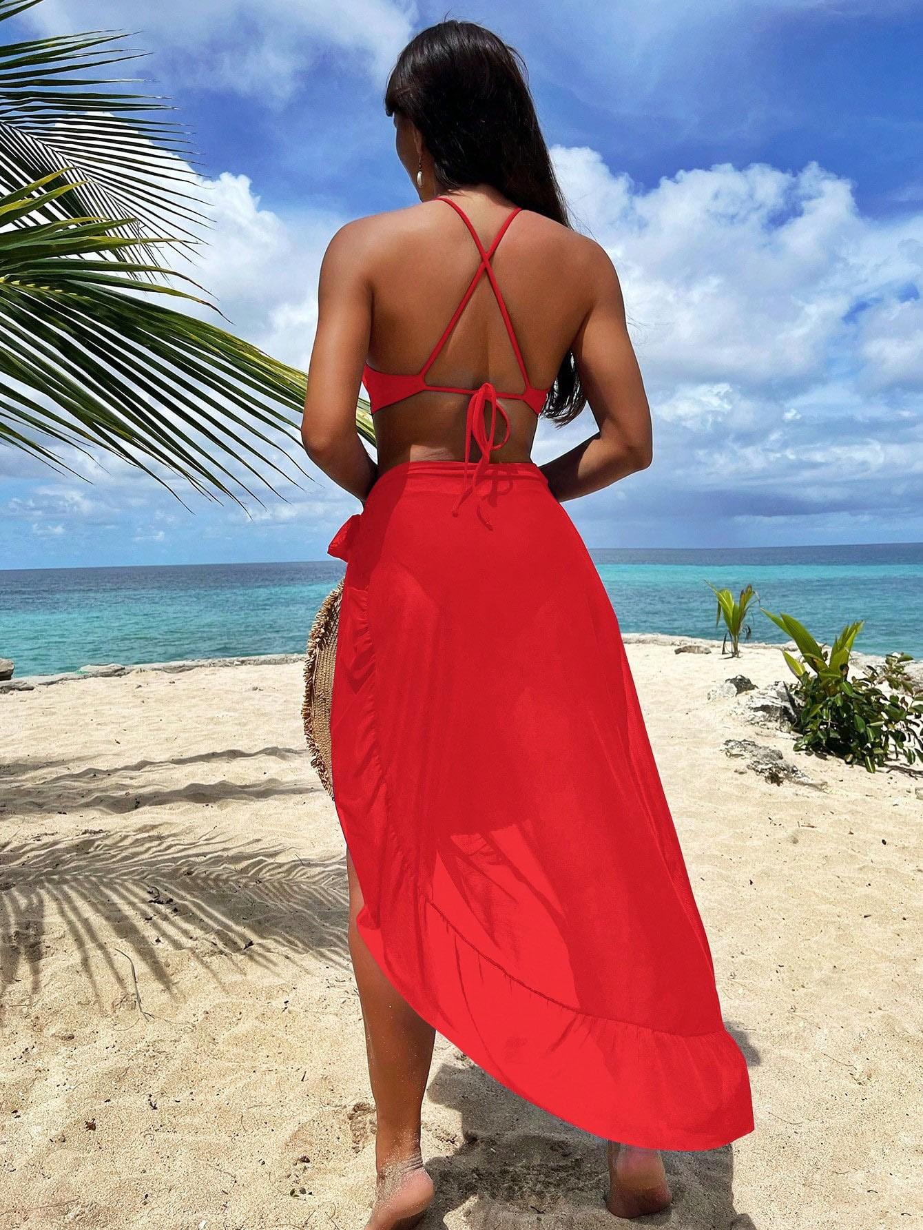 New casual tight-fitting one-piece swimsuit for women, sexy European and American bikini swimwear with skirt for beach vacations, foreign trade