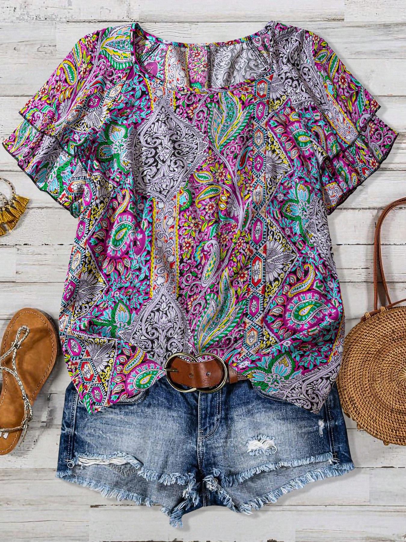 【Plus Size】 Paisley Print Blouse, Boho Casual Short Sleeve Top for Daily Holiday Vacation Wear, Women Plus Clothing for Summer