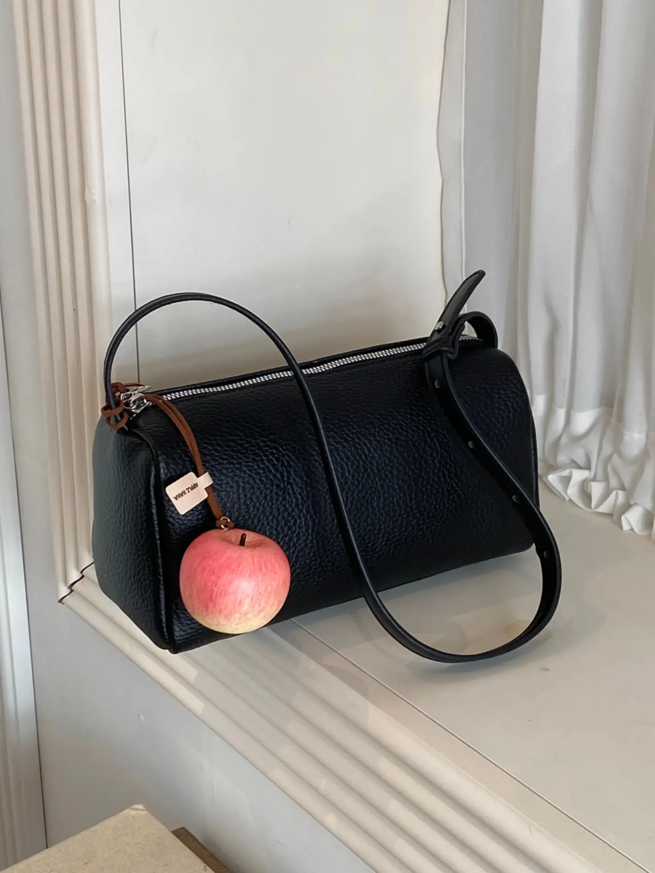 Niche Textured Cylinder Shoulder Bag With Cute Apple Pendant, Adjustable Strap, Minimalist Casual Women Crossbody Bag for Daily Shopping & Outings