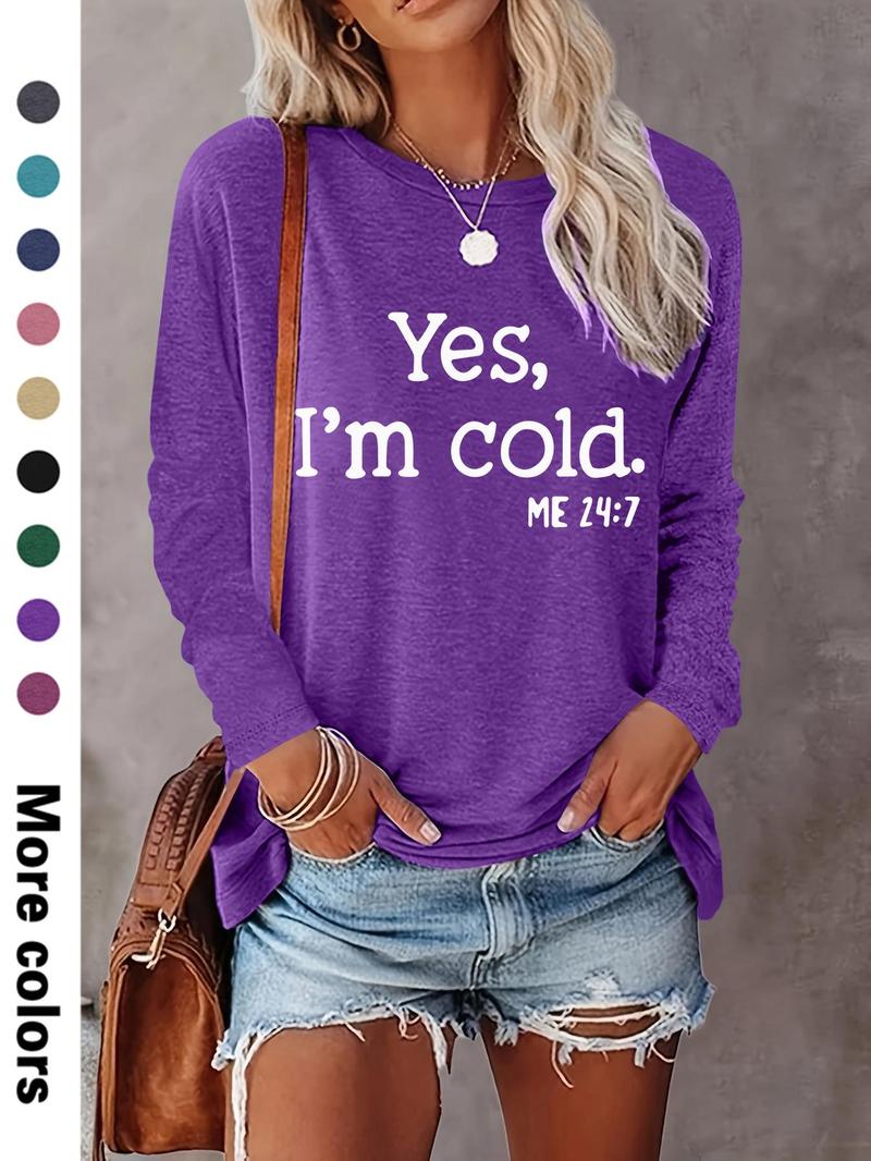 Women's Letter Print Round Neck T-shirts, Casual Long Sleeve Crew Neck T-shirts for Spring & Fall, Fashion Women's Top for Daily Wear