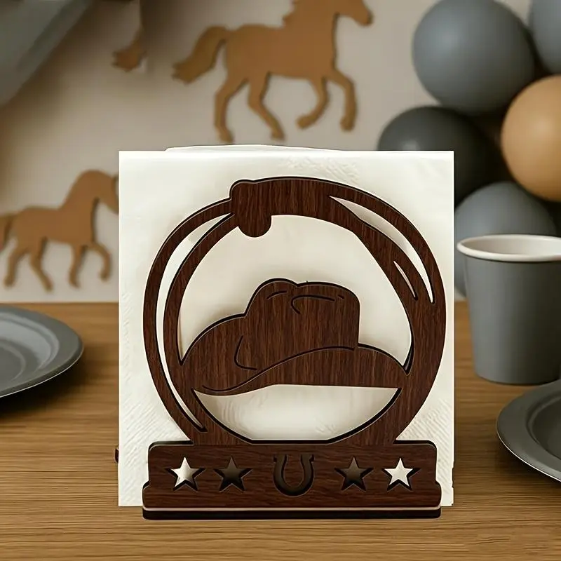 Western cowboy hat napkin holder，retro brown wooden stand with anopen design and a sturdy base. It is ideal forkitchens, farmhouses, western party decor,homes, offices or cowboy-themed events,boasting long-lasting vintage charm.