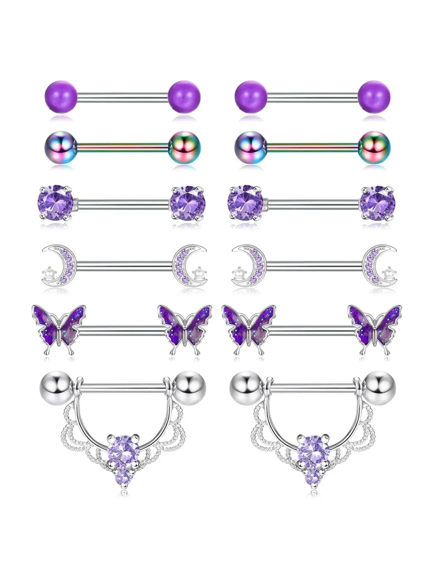 Fashionable 6 Pairs Purple Exquisite Sparkling Zircon Inlay 14G Nipple Rings 303 Stainless Steel Rings for Women Men Heart Butterfly Moon CZ Flower Barbell Nipple Rings Set Cute Nipple Rings Body Piercing Jewelry Body Jewellery