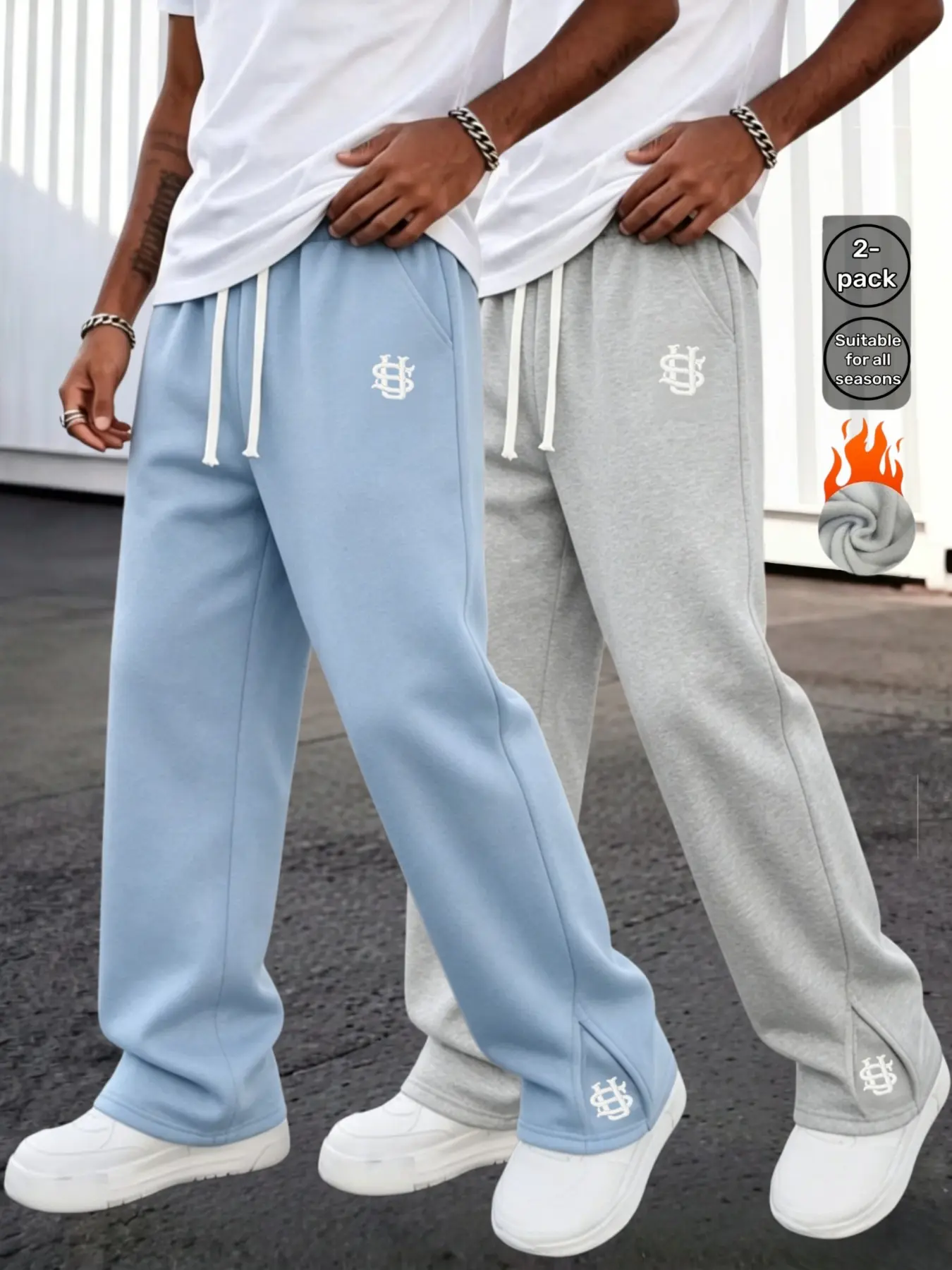 Men's Embroidered Wide Leg Sweatpants, Drawstring High Waist Micro Flare Sports Pants, Fleece Street Style Casual Long Pants, Daily Outdoor Wear