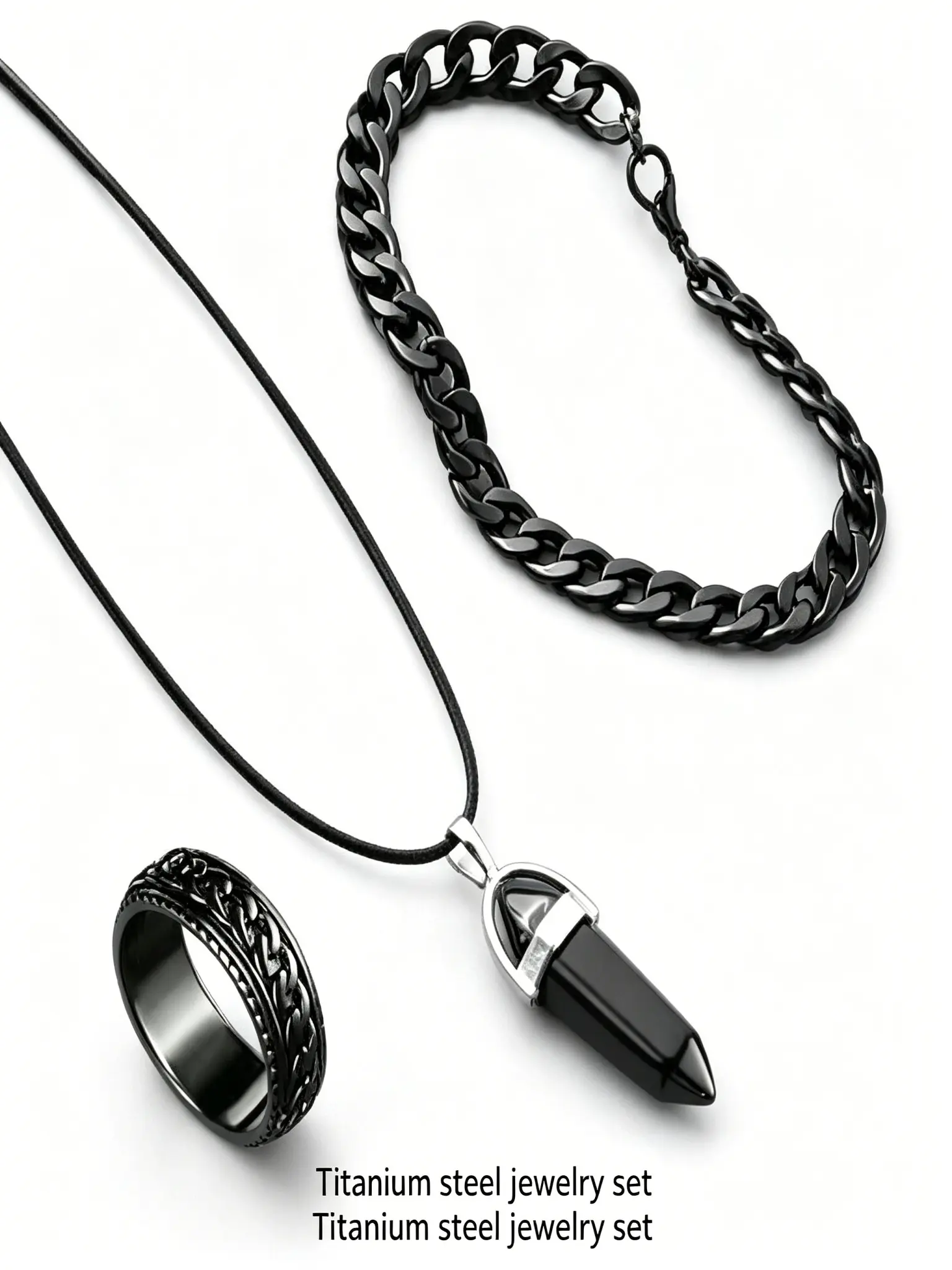 Men's Punk Style Bullet Head Necklace Bracelet Ring Set, Vintage Retro Fashion Jewelry, Three-Piece Combo, Trendy Accessories