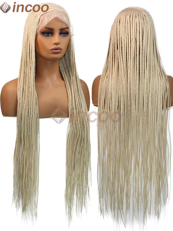 36“ Honey Blonde 613 Colored Full Lace Front Wig Cornrow Double Braided Wigs For Black Women Synthetic Side Part Box Braided Wigs Jumbo Long Faux Locs Braids Wigs Full Lace Frontal Braids Wig Side Part Knotless Cornrow Braided Lace Front Wig Twist Braided