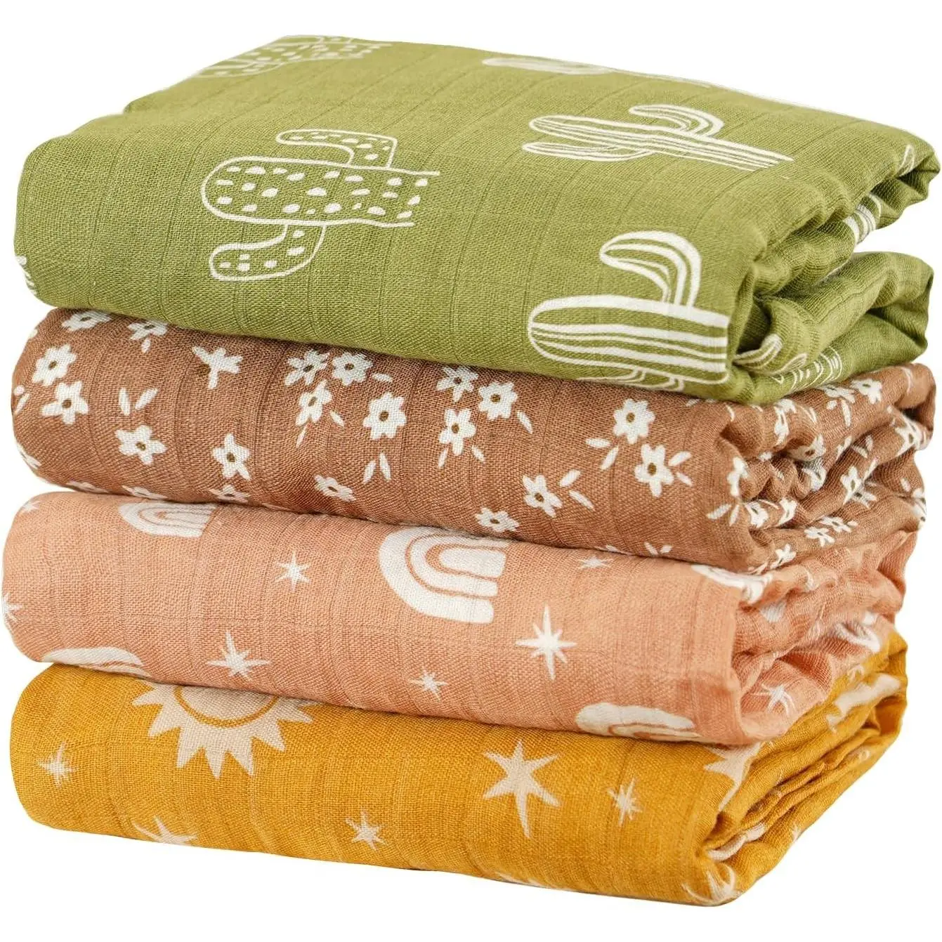 4 Set Muslin Swaddle Blankets Receiving Blanket for Newborn Baby Boys, Girls Cute Soft Print Baby Towel Wrap 120x110cm Baby(Cactus)
