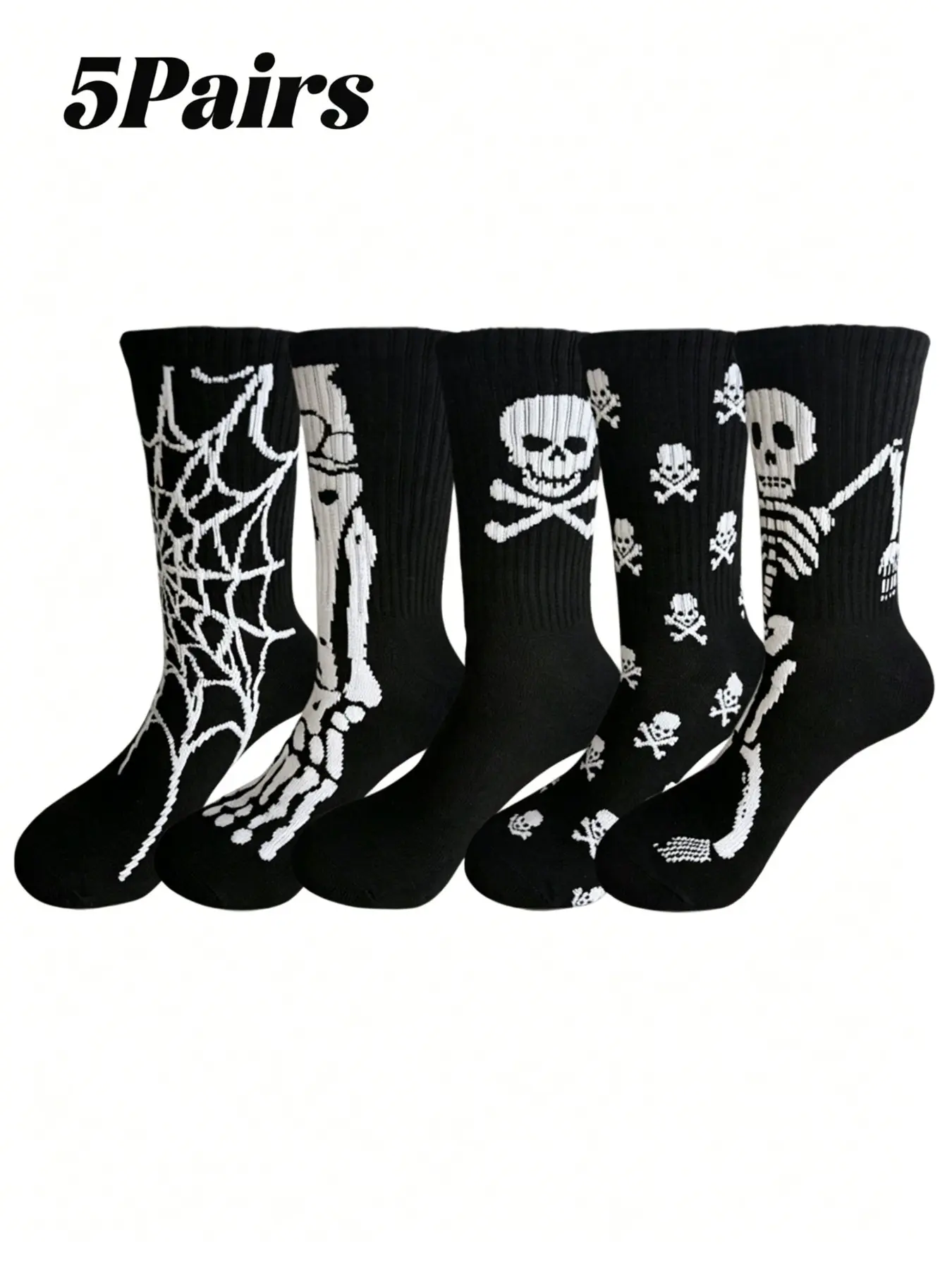 5 Pairs Women's Mixed Skull Skeleton & Spider Web Print Crew Socks, Gothic Grunge Punk Streetwear Cotton Mid Calf Socks, Halloween Casual Daily Socks, Knitted Socks