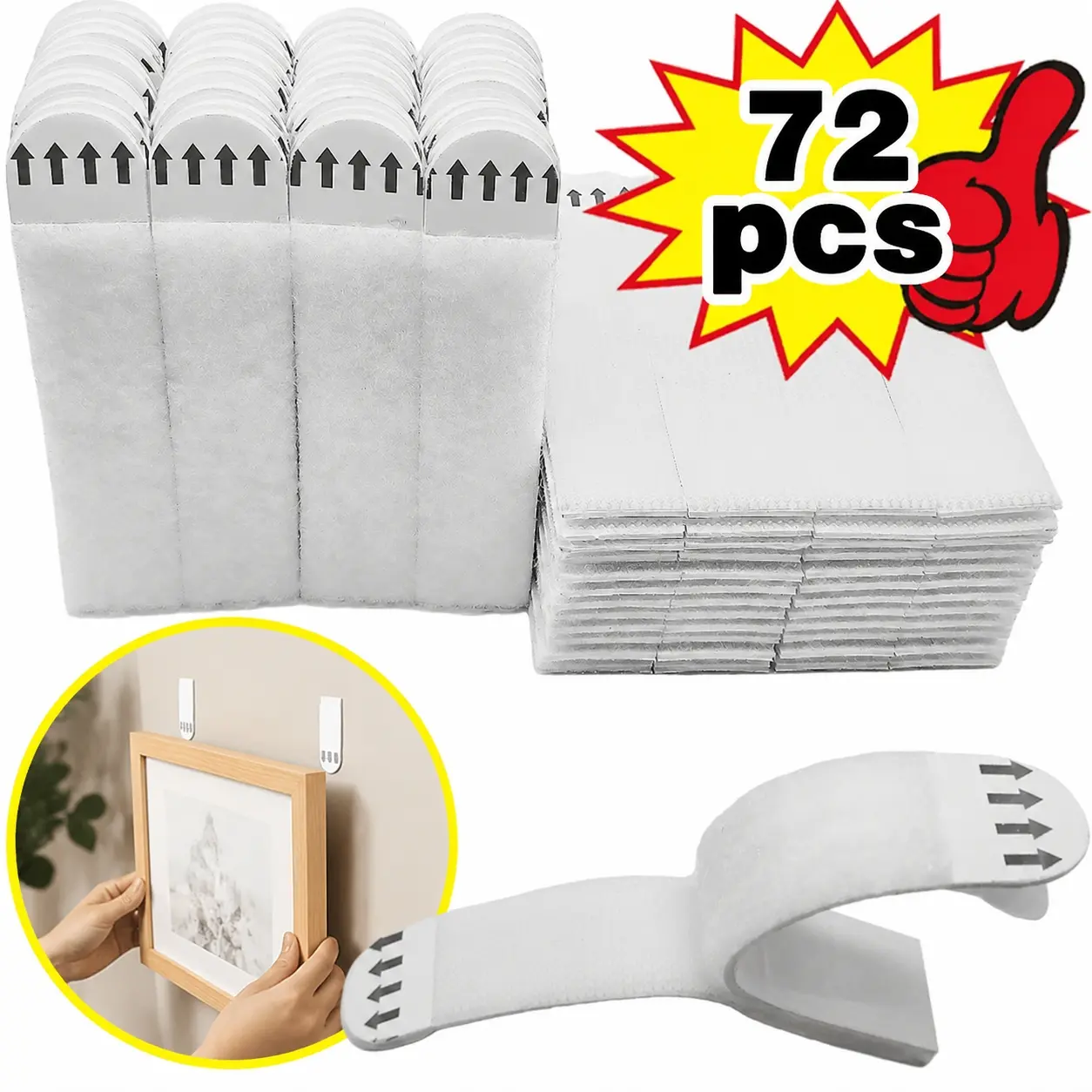 72 pieces of non perforated removable strong adhesive hook strips, polyamide seamless magic tape for photo frames, hanging artworks, wall fixing tape