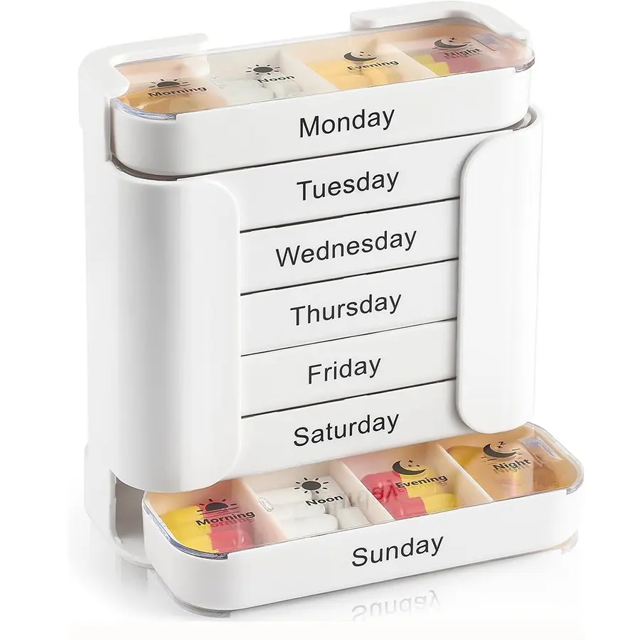 Weekly Pill Organizer 7 Day 4 Times a Day, Large Pill Box Drawer Type, Daily Medication Case for Vitamins and Supplements, Portable Travel Weekly Dispenser for Active Lifestyles, White