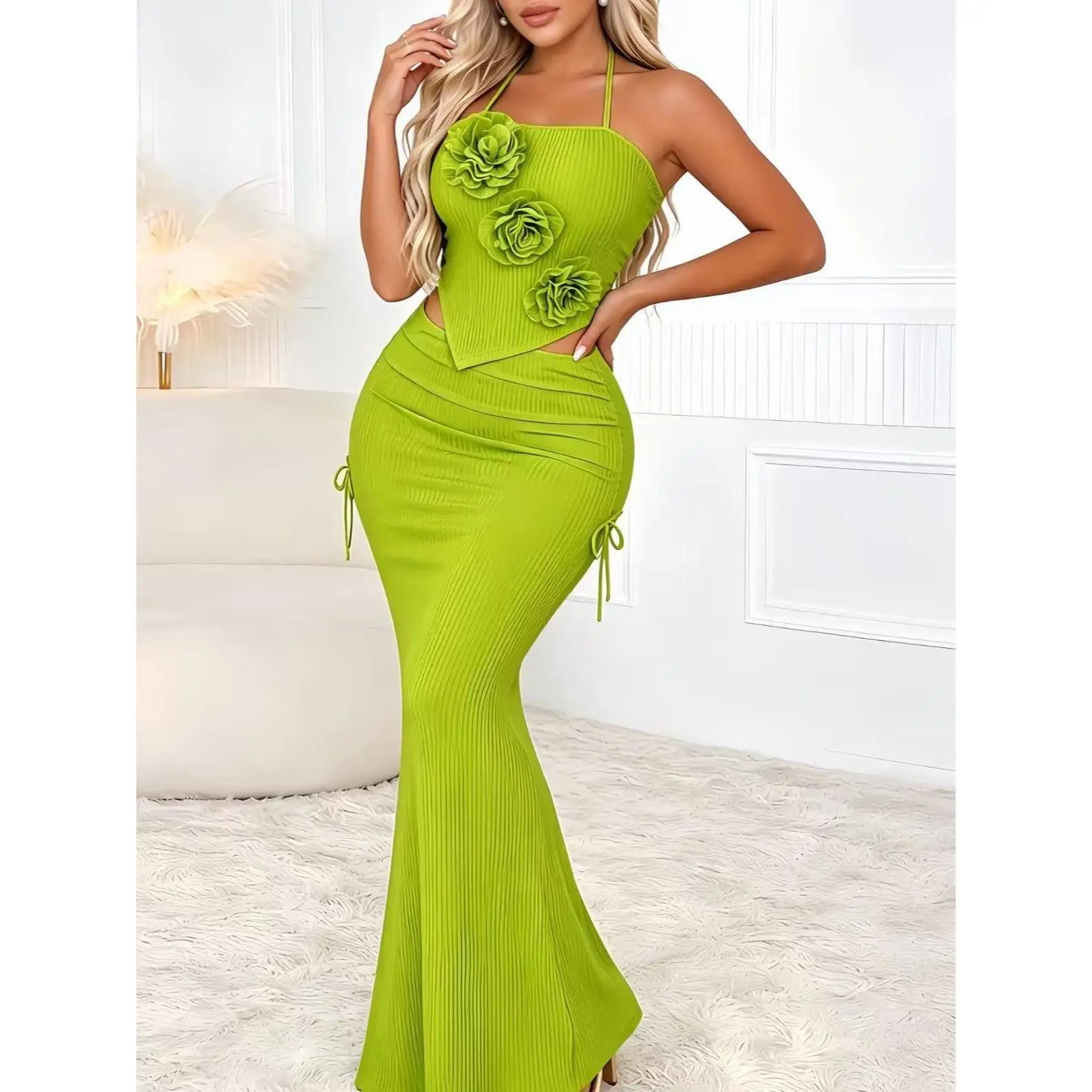 Women's New 3D Floral Halter Bodycon Dress Two-Piece Set, Holiday Party Evening Gown, Stylish and Elegant Fashion Cami Dress