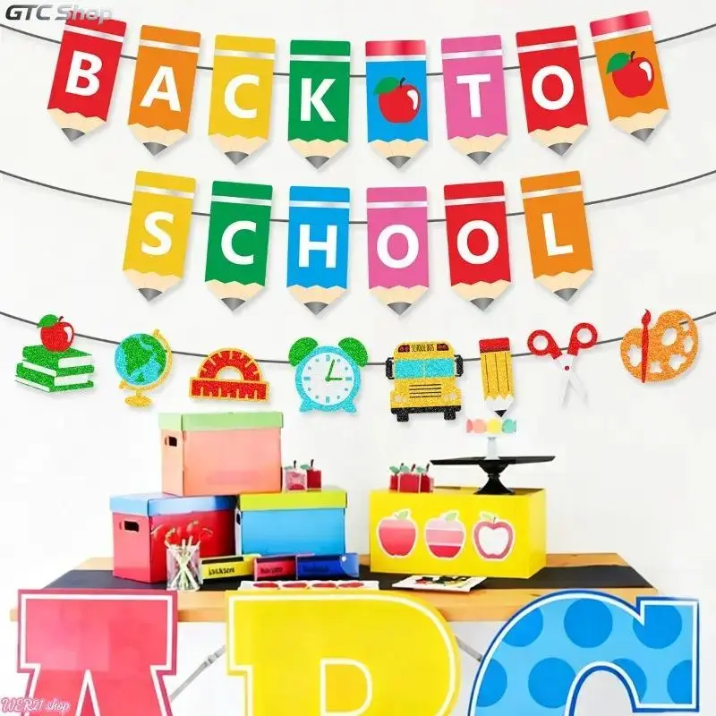 (Back To Shcool)Back to School Themed Hanging Banner Garland, Cute Pencil Apple Letter Pull Flag, Vibrant Lightweight Party Decor, Easy Hang Wall Ornament for Classroom Layout, First Day Welcome Parties and Student Back-to-School Celebrations