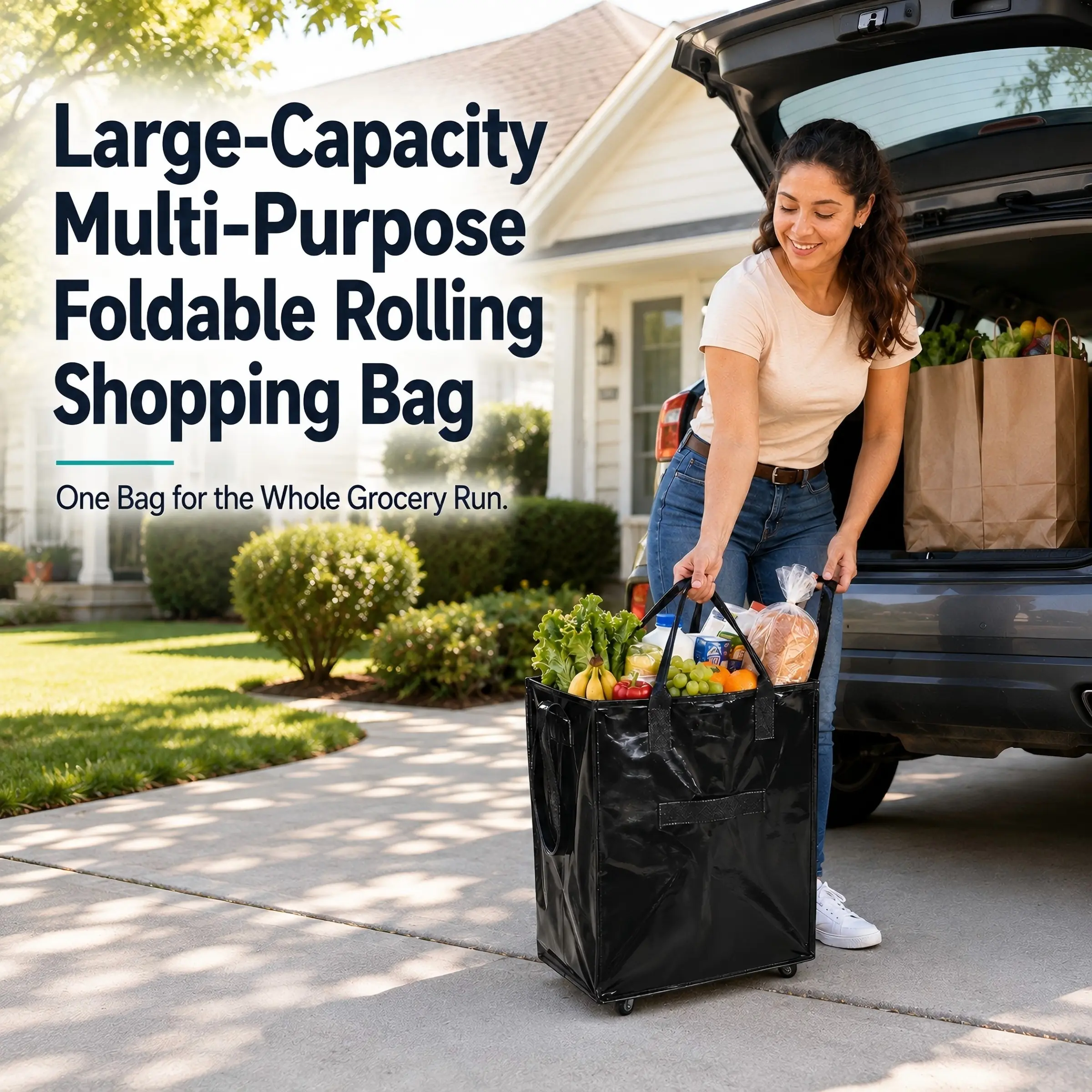 1Pcs Foldable Rolling Tote with Wheels, Water-Resistant Zippered Grocery Bag, Shopping Bag for Travel, Laundry, Camping, Home Storage and Picnics, Christmas, Halloween, Birthday Gift for Mom, Wife, Girlfriend or Dad