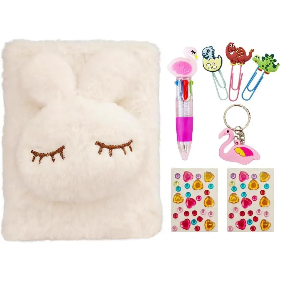 Cute Diary for Girls, Rabit Fuzzy Notebooks for Girls,  Notebook Set with Pen, Stickers, Flush Journal Writing Pad A6, Birthday, Christmas, Easter, -to-School  (White)