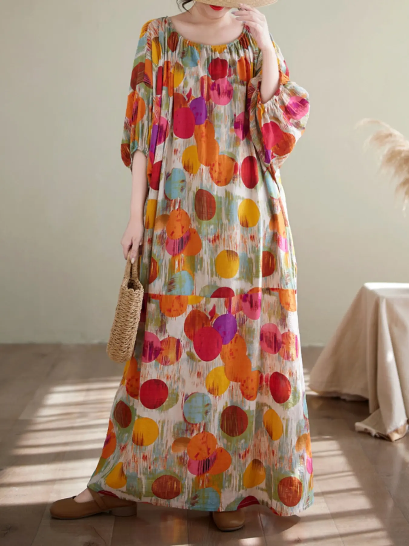 Summer Retro Floral Print Round Neck Long Dress, Plus Size Loose Casual Vacation Boho Style Women's Dress, Sleeveless All Seasons Ethnic Pattern, Boho Beach Sundress, Boho Sundresses