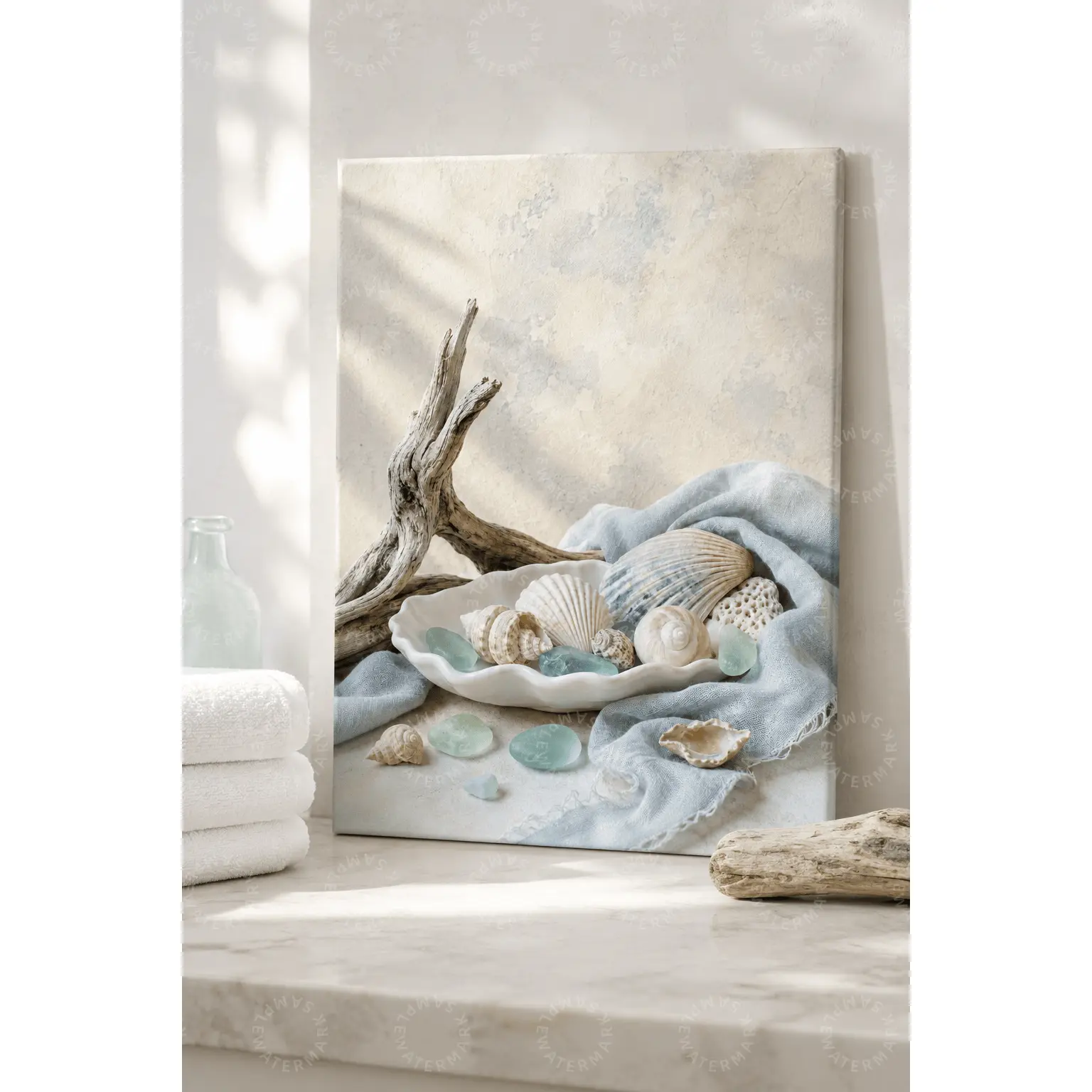 Coastal Seashell Wall Art Canvas Print, Beach Aesthetic Poster, Ocean Blue Still Life Decor, Nautical Bathroom Wall Art, Coastal Bedroom Decor, Neutral Seaside Home Decor Gift
