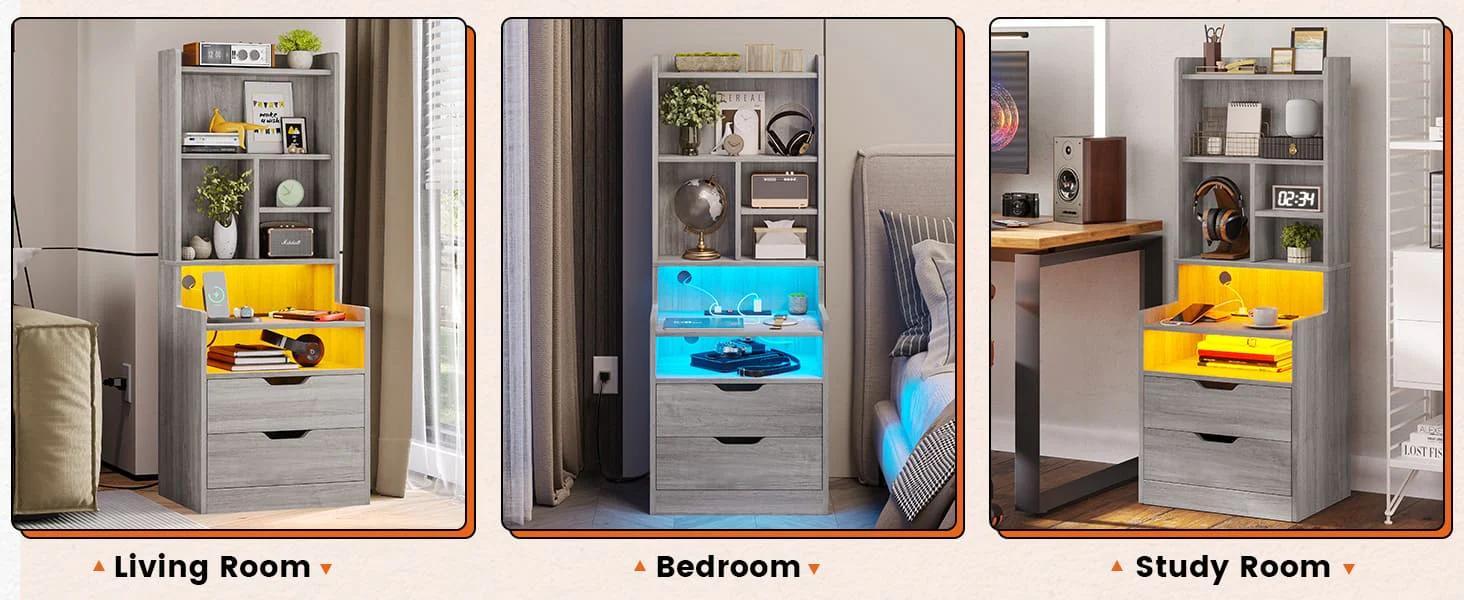 Sikaic LED Tall Nightstand with Bookshelf Charging Station Grey Modern Side Table Bedside Cabinet RGB LED Lights 2 USB Ports & 2 Power Outlets for Bedrooms and Living Rooms