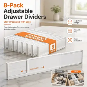 8Pcs Retractable Drawer Dividers. Flexible design fits most drawers, tool-free installation. Ideal for partitioning storage in kitchen, bedroom and bathroom drawers.